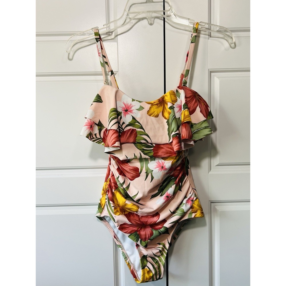Kona Sol Ruffled Hawaiian Tropical Floral One-Piece Swimsuit Adjustable Small